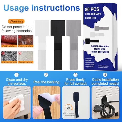 80 PCS Hook and Loop Cable Ties, Self Adhesive Cable Management Straps, Reusable Cord and Wire Organizer Clips for Under Desk, Computer, TV, Gaming Setup, Home Office and Kitchen, Black and White - color: 40 Black + 40 White
