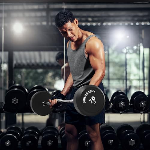 Philosophy Gym Rubber Fixed Barbell, Pre-Loaded Weight EZ Curl Bar for Strength Training & Weightlifting - style: 70 LB