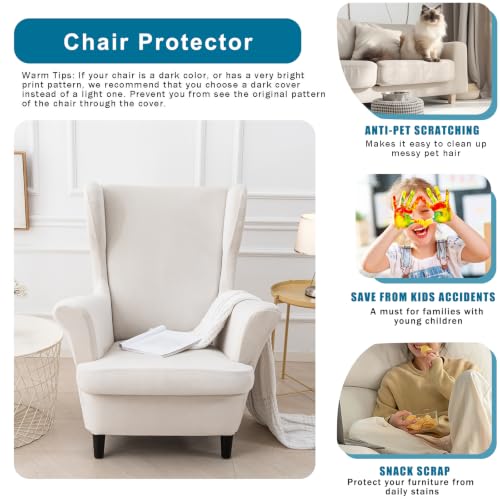 NILUOH Thick Velvet Wingback Chair Slipcovers 2-Piece, Stretch Wing Chair Covers Soft Sofa Slipcover Wing Back Armchair Cover Furniture Protector for Living Room - color: Ivory White