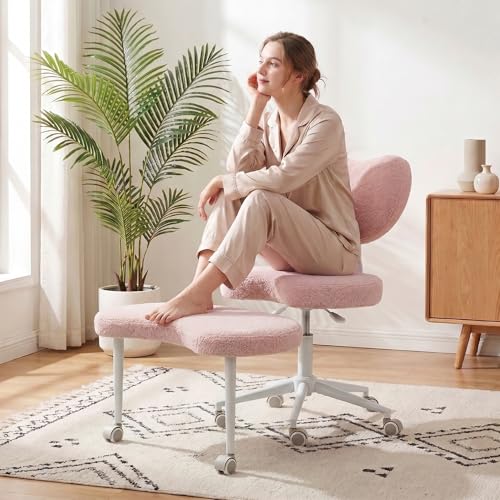 Cross Legged Office Chair, 360° Swivel Yoga Meditation Chair, Ergonomic Height Adjustable ADHD Criss Cross Office Chair with Wheels, Lumbar Support for Home Office, Pink - color: Pink, size: Heart Back