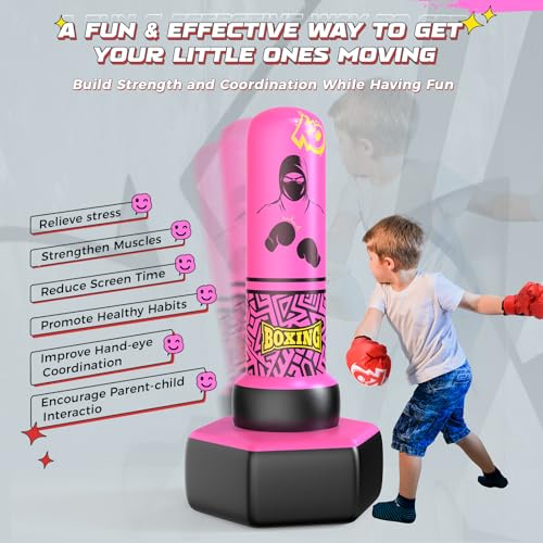 ODOSOLA 67'' Inflatable Punching Bag Freestanding for Kids Aged 3-12 – Heavy Duty Boxing Set for Karate & Taekwondo, Stable Boxing Bag Active Kids Toy, Christmas Birthday Gift for Boys and Girls - color: Pink
