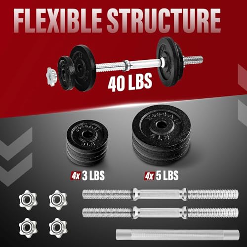 Yes4All Old School Adjustable Dumbbell Set with Weight Plates, Star Lock Collars/Connector, 40lbs to 200lbs Adjustable Weight Plates Set - color: D. Barbell 40LB or 20LB Dumbbell Pair - Black