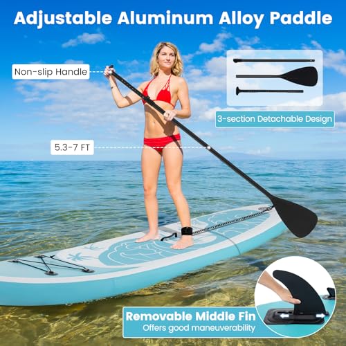 KOTEK 10FT/11FT Inflatable Paddle Board, SUP Paddleboard with Hand Pump, Safety Leash, Repair Kit, Carry Bag, Non-Slip EVA Deck, Stand Up Paddle Board for Youth & Adults - size: 11 FT, style: Light Blue Wave