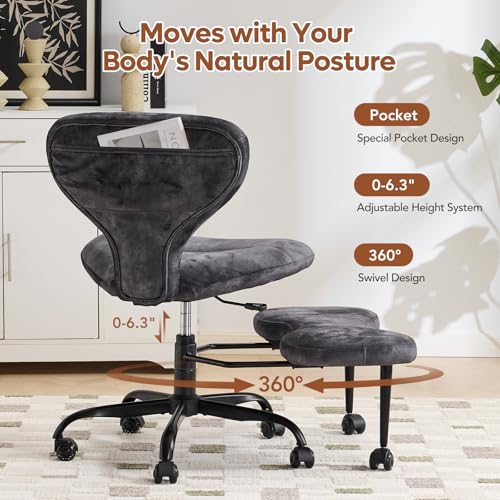 YFO Ergonomic Cross Legged Office Chair and ADHD Meditation Chair with Silent Wheels for Home Office Desk Chair and Yoga, Wider Backrest Support and Storage Pockets Design, Velvet Fabric, Grey - color: Velcet-grey