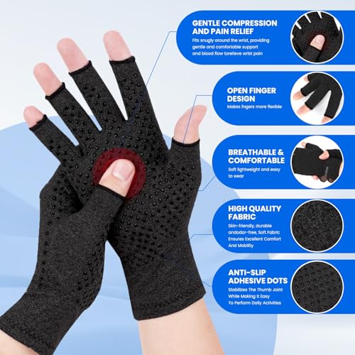 TFUSOM Compression Gloves Arthritis Gloves for Women for Pain,Fingerless Compression Wrap for Hand Pain and Osteoarthritis，Anti-Slip，Unisex,L,Black - color: Black, size: Large