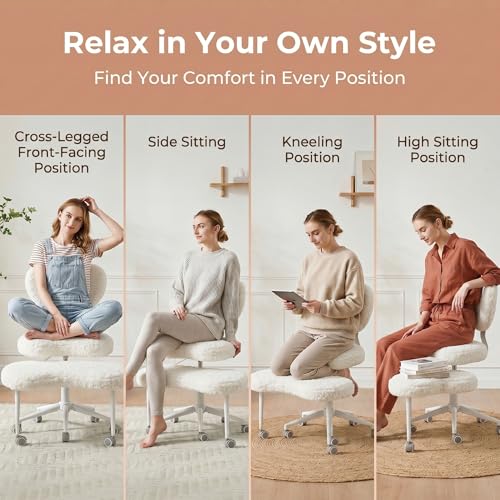 Cross Legged Office Chair with Wheels, 360 Swivel Height-Adjustable Meditation Chair with Lumbar Support, Beige - color: Beige, size: Heart Back