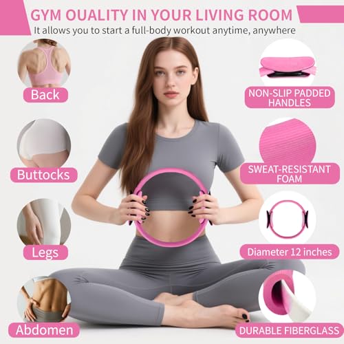 Pilates Kit for Home Workouts for Women-12-Piece Equipment Set with Ring,Yoga Ball,5 Resistance Bands,Figure-8 Band,Arm Stretcher,Grippy Socks,Storage Bag for Toning,Strength & Flexibility