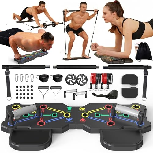 HOTWAVE Push Up Board, Portable Pushup Board & Plank Trainer, Push Up Bar | Foldable Pushup Handles for Floor, Multifunctional Workout Equipment with 20 Gym Accessories for Men and Women at Home Gym - color: Black