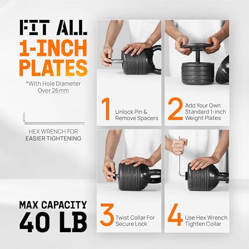 Yes4All Adjustable Kettlebell Set, 20–40 LB Weight Set, Solid Cast Iron Handle with Spacer Disks & Secure Lock, Space-Saving Kettlebell for Home Gym Strength Training, Black - size: 20 Pounds