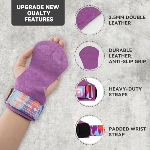 MANUEKLEAR Gym Straps Weight Lifting, Double Leather Lifting Straps for Men Deadlift with Cushion Wrist Loop, Gym Lifting Wrist Wraps for Weightlifting - color: One Size - Purple