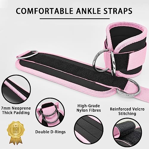 Fitness Ankle Straps for Cable Machines, 2 Pack Comfortable Adjustable Padded Ankle Wrist Cuffs, Kickback Glute Workouts for Men Women, D-Ring Leg Straps with Neoprene Padding - color: single-pink