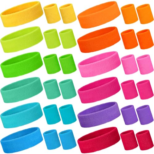 Bememo 36 Pcs Neon Sweatbands Set Soccer Party Favors Cotton Headbands Wristband Sweat Bands Soccer Mom Essentials for Football Fans Sporting Events 80 90s Glow Party - color: Multicolor, size: Small