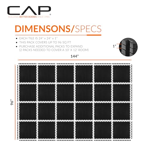 CAP Puzzle Exercise Mats | 1” Thick EVA Interlocking Foam Tiles for Home Gym Flooring | Multiple Options - color: T - Black, style: 24 Tiles (96 SQ FT)