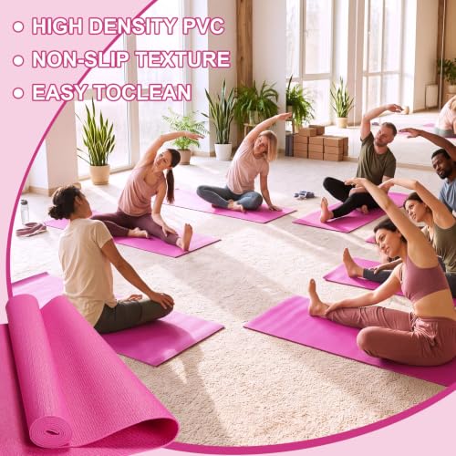 Funtery 3 mm Thin Yoga Mats Bulk, 68 x 24 Inches Lightweight PVC Exercise Mats Non Slip Workout Fitness Pads for Yoga Pilates Stretching Classes Gym Home Studio - color: Rose Red