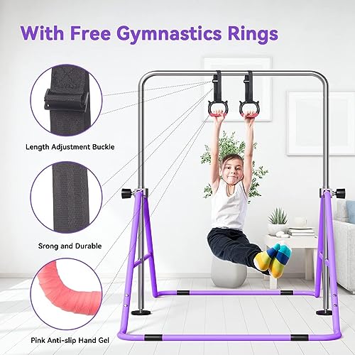 FBSPORT Gymnastics Bar for Kids Adjustable Height Gymnastic Horizontal Bar | Adjustable height, Supports up to 140 lbs, Junior Training Bar Children Folding Training Monkey Bars for Home Using - color: Purple