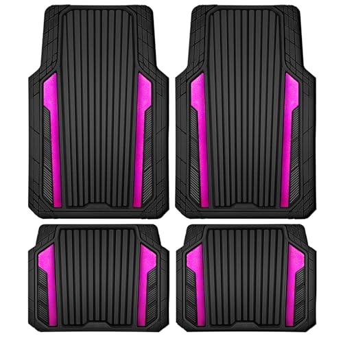 CAR PASS Heavy Duty Rubber Car Mats Metallic, Aluminum Film All Weather Floor Mats Waterproof Universal Trim to Fit for SUV Sedan Van 4 Piece Anodized Deep Dish Two-Tone Sporty Black Hot Pink Chrome - color: Black Hot Pink