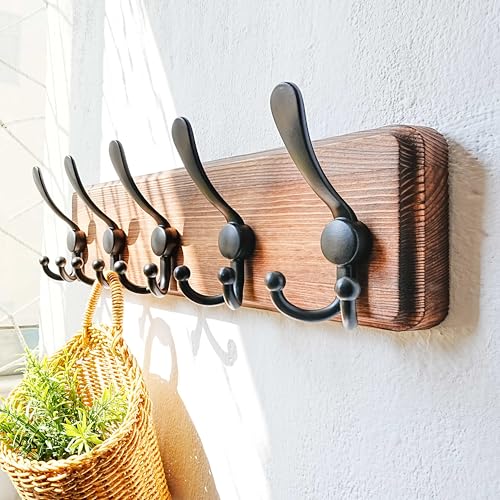 Dseap Coat Rack Wall Mounted - 5 Tri Hooks, Heavy Duty, Wooden Wall Coat Hanger Coat Hook for Clothes Hat Jacket Clothing, Natural & Black - color: Natural & Black, size: L=17.4"