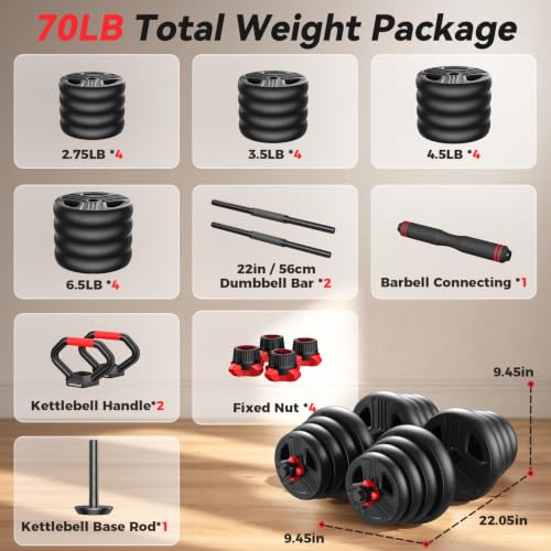 FITPLAM Adjustable dumbbell set,20/35/45/55/70/90lbs Free Weights set with upgraded nut, 5 in 1 Weight Set Used as Kettlebells, Barbell, Push up Stand, Fitness Exercise for Home Gym Suitable Men/Women - style: 70LB Total (35LB Each)