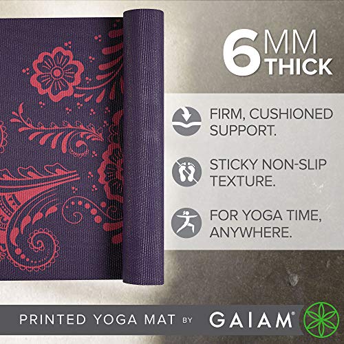 Gaiam Premium Yoga Mat, 6mm Thick Print Mat | Premium 6mm thick cushioning for joint support. Non-slip print design for yoga, Pilates & floor workouts. - color: Aubergine Swirl