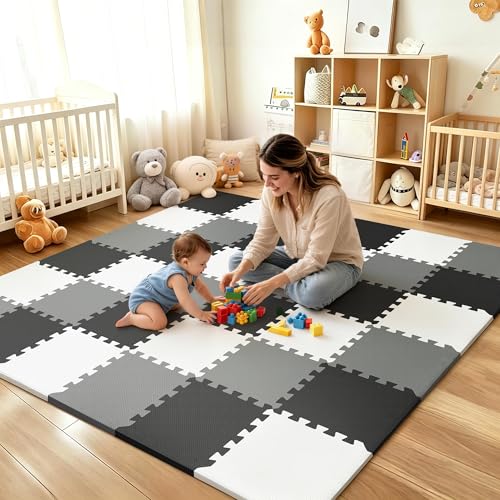 PIGLOG Baby Play Mat For Floor, Soft Foam Floor Tiles for Kids, Adjustable Interlocking Foam Tiles, Fit with 74x74 Playpen Baby Mat for Crawling & Play, Safe & Non-Toxic PlayMat for Babies 6-12 Months - color: White-gray-black, size: 36 PCS
