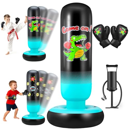 Punching Bag for Kids 65" Inflatable Dinosaur Kids Punching Bag with Boxing Gloves Boxing Bag Set with Pump Dinosaur & Hitting Target Pattern 2 in 1 Birthday Gifts for Boys & Girls Age 3-12