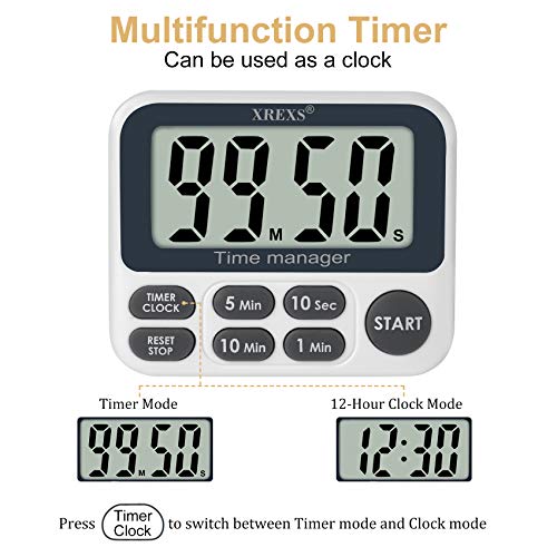 XREXS Digital Kitchen Timer, Magnetic Countdown Up Cooking Timer | with Large LCD Display, Adjustable Volume, Loud Alarm & Strong Magnet for Teachers (Batteries Included)