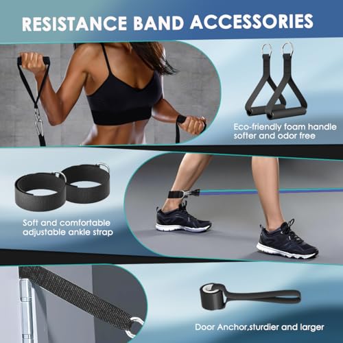WHATAFIT Resistance Bands, Exercise Bands with Handles, Workout Bands for Working Out, Fitness Bands Set for Home Gym Full Body Strength Training, Muscle Tone, Yoga & Stretching - color: 10-100LB-Blue