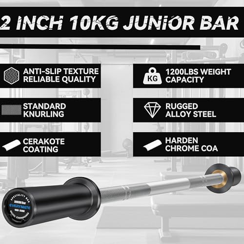 EVERYMATE 5LB Mini Barbell Bar Beginner Women Kid Barbell Total Body Workout Weighted Bar,for Strength Training, for Youth Children New Weightlifting - color: Black Sleeves Sliver Bar, size: 10KG Junior Barbell