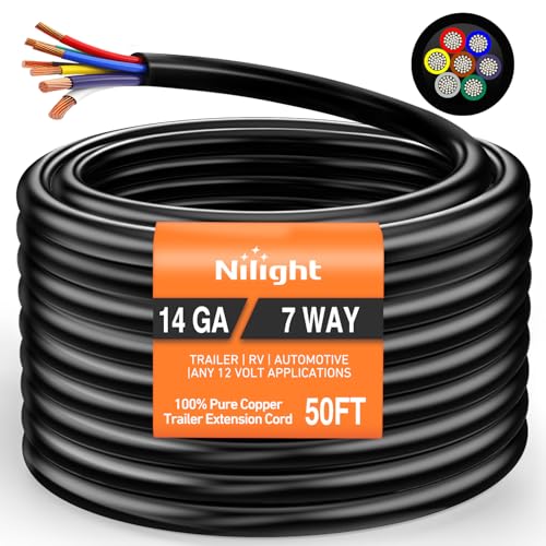 Nilight 50 Feet 7 Way Trailer Extension Cable Traditional SAE 14 Gauge 7 Conductor 100% Pure Copper Wire Insulated Heavy Duty Cord Weatherproof for 7 Pin Blade RV Automotive - color: Traditional SAE Trailer Cord 50FT