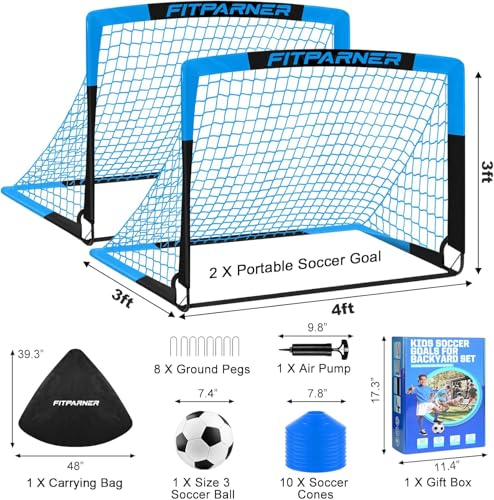 Kids Soccer Goals for Backyard Set - 2 Pack of Portable Pop Up Soccer Nets with Ball,Cones,Complete Training Equipment Kit for Toddler,Youth,Kids Age 3-14,Outdoor Sports Game - color: Blue Black, style: 4x3FT