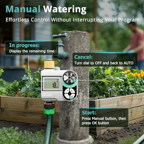 QUOBAS Brass Sprinkler Timer, Programmable Water Hose Timer for Garden Hose Faucet with Waterproof HD Screen, Rain Delay/Manual/Automatic Irrigation Watering System for Garden, Lawn, Yard