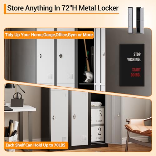 72" Tall 2 Door Metal Locker with Key, Heavy Duty Steel Storage Cabinet with Shelves, Lockable Employee Locker for School, Office, Gym, Home, Garage, Grey & Black - size: 2 Door