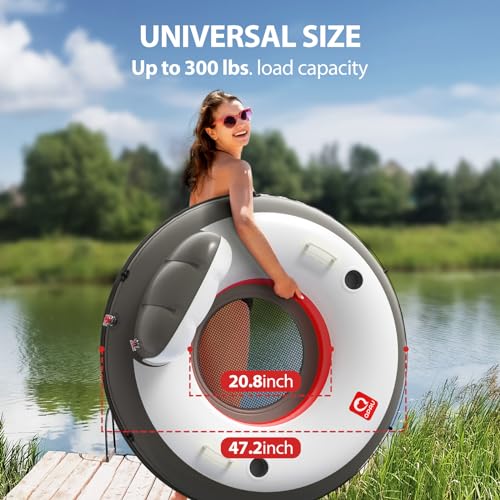 QPAU Inflatable River Tube, 0.4 mm Thickened Puncture-Resistant Heavy Duty River Float, River Raft with Ergonomic Backrest, Mesh Bottom & 2 Cup Holders for Adults and Friends Lake Float - color: C-Black&Red