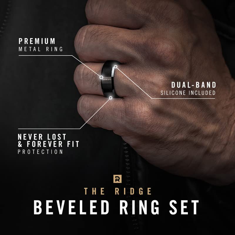 The Ridge Tungsten Rings For Men - Mens Wedding Band - Strong, Durable, and Scratch-Resistant Beveled Ring With Silicone Band - color: Gunmetal