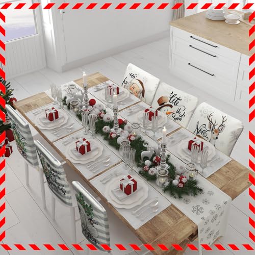 Moukeren 6 Pcs Christmas Chair Cover Set Stretch Dining Chair Back Covers Vintage Christmas Santa Claus Elk Slipcovers Farmhouse Removable Elastic Seat Protector for Xmas Party Kitchen Home Decor - style: Fresh