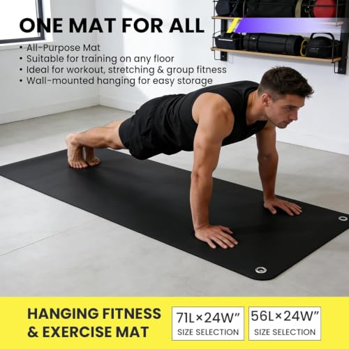 Garvee Hanging Exercise Mat, 71x24 / 56x24 Inch PVC Fitness & Yoga Mat for Group Classes, 5mm Thick with Reinforced Holes, Commercial Grade Gym Mat, Black/Blue/Multicolor - color: 71*24black