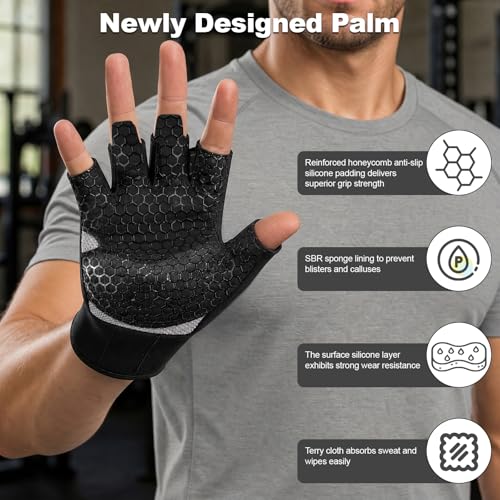 Half-Finger Sports Gloves, Black. Made of Neoprene Material, Feature Honeycomb Silicone Non-Slip Design on the Palm with Wrist Support. Suitable for Gym Training, Cycling and Weightlifting - size: Medium