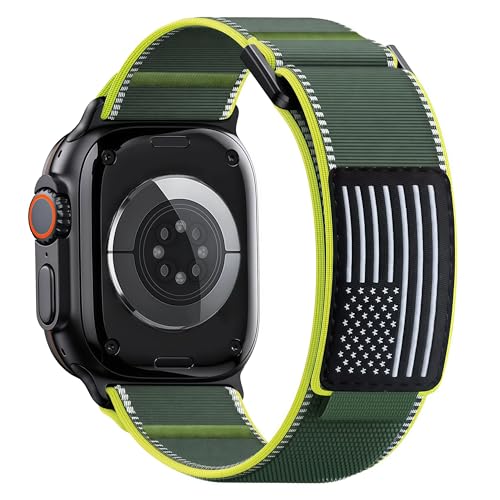 Trail Loop Nylon Band for Apple Watch Ultra 3/2/1 Series 11/10/9/8/7/6/SE/5/4/3/2/1 Men, Elastic Weave Stars-Stripes Flag Strap Compatible with iWatch 49mm 46mm 45mm 44mm 42mm - color: Neon green-USA Flag