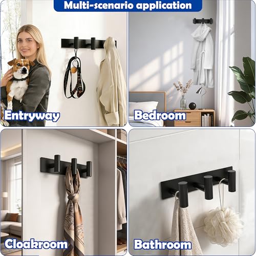 Matte Black Coat Rack Wall Mount - 3 Hooks, Heavy Duty Stainless Steel Wall Hooks for Towels, Coats, Robes, Bags, Hats, Keys, Wall Coat Hanger for Bathroom, Entryway, Kitchen, Hotel, Bedroom, Office - color: Matte Black, size: “T“ Shape 3 Hooks 1 Pack