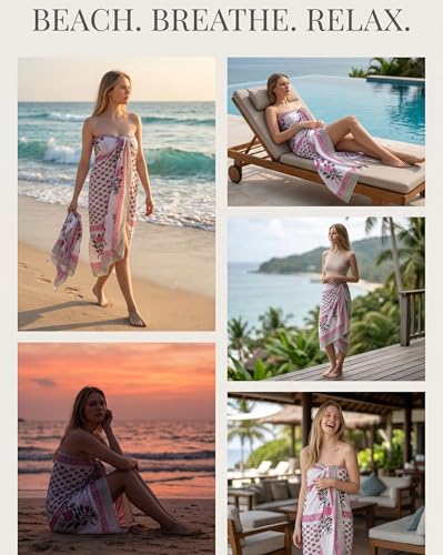 Beach Cover Ups for Women, Cotton Sarong Wrap Pareo | 100% Cotton Sarong Wraps For Women, 73 x 44 In. Pareo Beach Wrap, Bikini Cover Up, Bathing Suit Cover Up, Resort Wear - color: Pink Manhattan