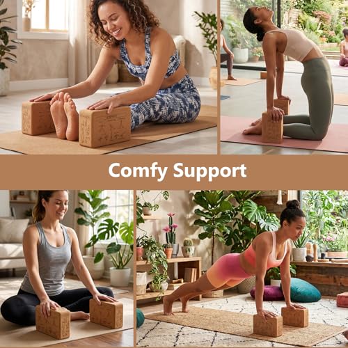 2pcs Cork Blocks, 43 Poses, Non-Slip, Stable Support | Premium Cork, Multifunctional, for Yoga Beginners Meditation Fitness Stretching, Ideal Gift