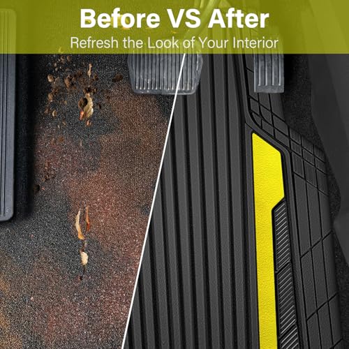 CAR PASS Yellow Car Mats Metallic, Aluminum Film All Weather Rubber Lemon Yellow car Floor Mats Waterproof Universal Trim to Fit SUV Sedan Van Truck 4 Piece Deep Dish Heavy Sporty Black Yellow Chrome - color: Black Yellow