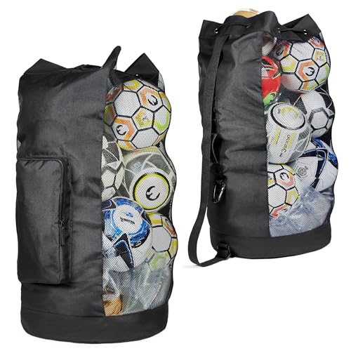 Fitdom Heavy Duty XL Soccer Mesh Equipment Ball Bag w/Adjustable Shoulder Strap Design for Coach. with an Over-Sized Front Pocket for Sporting Accessories. Best for All Outdoor & Water Gears - color: Black / Black