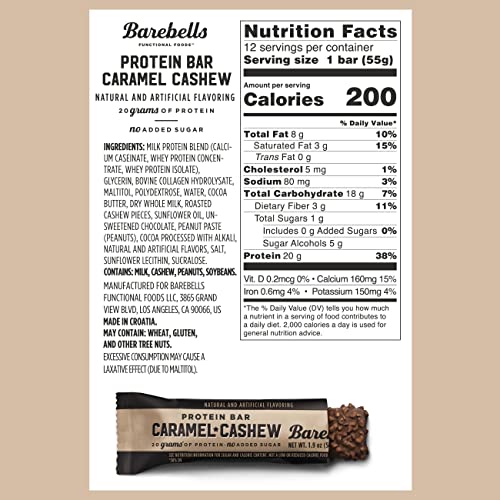Barebells Protein Bars Caramel Cashew - 12 Count, Pack of 2 - Protein Snacks with 20g of High Protein - Chocolate Protein Bar with 1g of Total Sugars - Perfect on The Go Protein Snack & Breakfast Bars