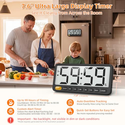 VOCOO Digital Kitchen Timer: 7.6'' Extra Large LCD Display, 99H Countdown, Magnetic, 4 Volume Levels, Visual Light Alert, Battery Operated Count-Up Stopwatch for Cooking, Home Gym, Classroom (Black)