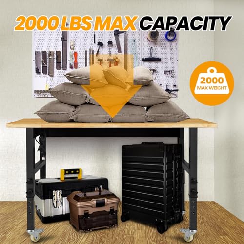 48" Adjustable Work Bench, Rubber Wood Top Workbench | Heavy-Duty work table with Power Outlet,workbenches Wheels, 2000 LBS Load Capacity Hardwood Work Benches for Garage - size: with socket and wheels, 48