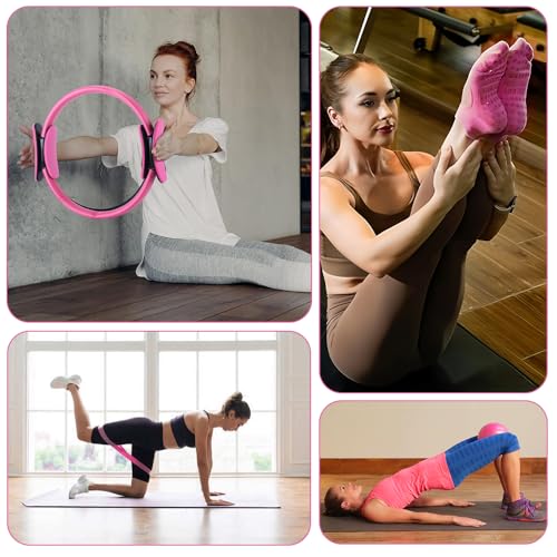 Pilates Ring and Ball Set, 6 Pcs Home Pilates Kit with 13” Circle Circle Yoga Ring 3 Resistance Bands 9.8” Pilates Ball Pilates Grip Socks, Pilates Essential Kit for Women Girl Home Workouts - size: 6 PCS
