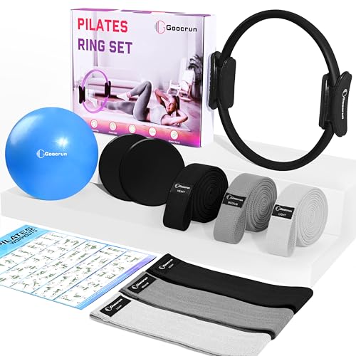 Goocrun Pilates Ring Set Exercise Equipment, with Exercise Resistance Bands Set, Pilates Ball, Sliding Disks. Portable Home Gym - with Fitness Guide Poster - color: Black, size: Mid-level