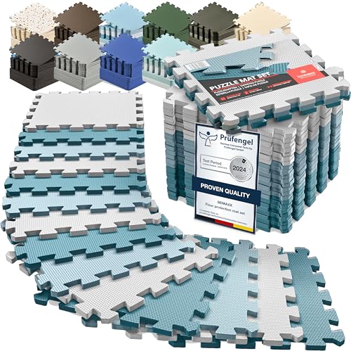 bemaxx Gym Mats Set - 18 pcs EVA Interlocking Foam Floor Tiles (12.6"x12.6"x0.4") 18sqft Protective Gym Flooring Sports Home Workout Exercise Mats Puzzle Garage Fitness Play-Room Pool Treadmill Bike - color: Cool Blue Trio, size: 18 Tiles | 18 sq ft