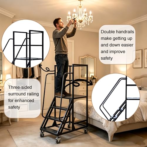 6 Step Rolling Warehouse Step Ladder, Industrial Mobile Staircase on Wheels, 1100Lbs Weight Capacity, Heavy Duty Mobile Platform Ladder with Handrails, Suitable for Warehouse, Library (Black, 6 steps) - color: Black